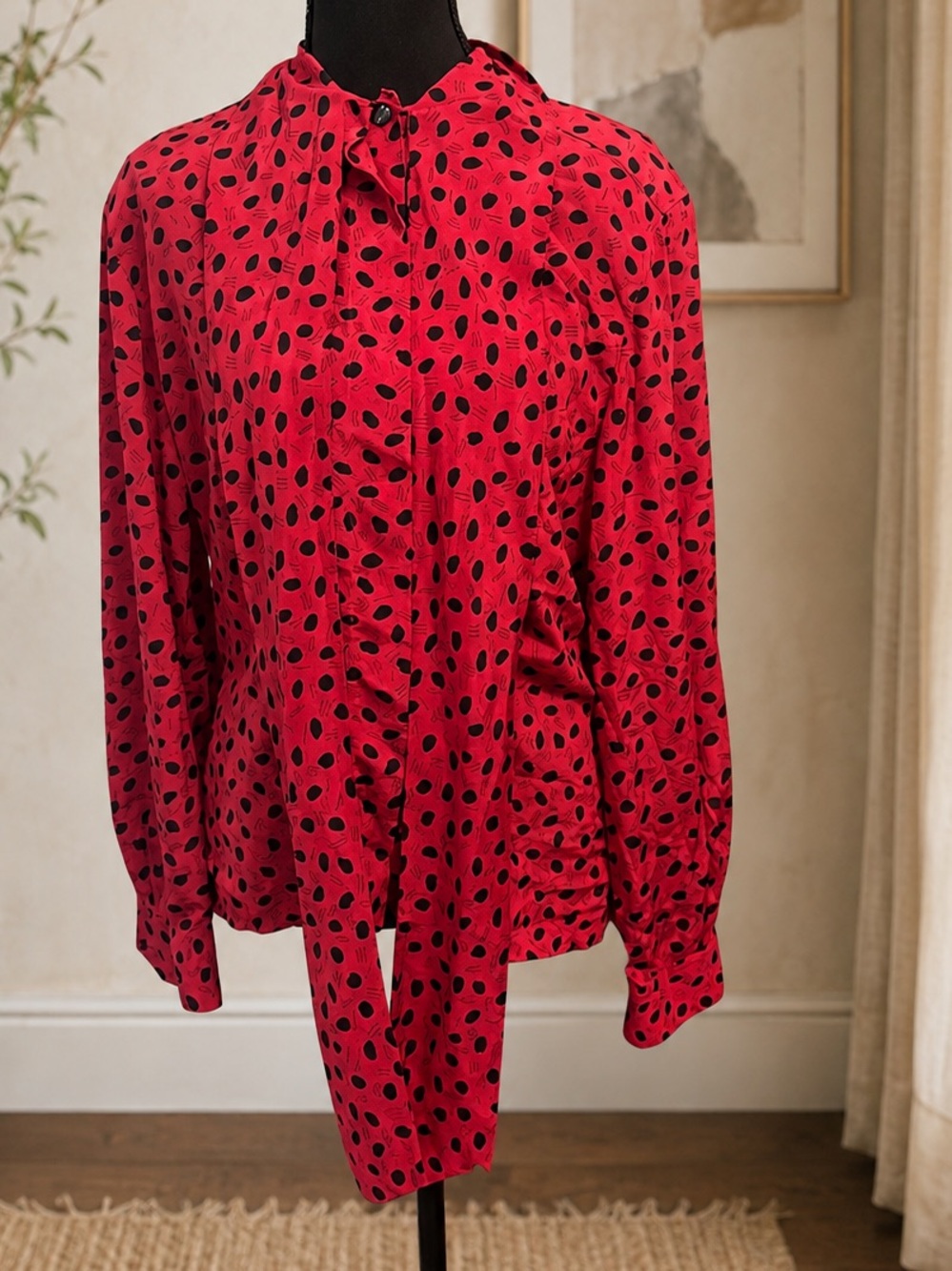 Christian Dior Womens Red Black Polka Dot Tie-Neck Blouse
